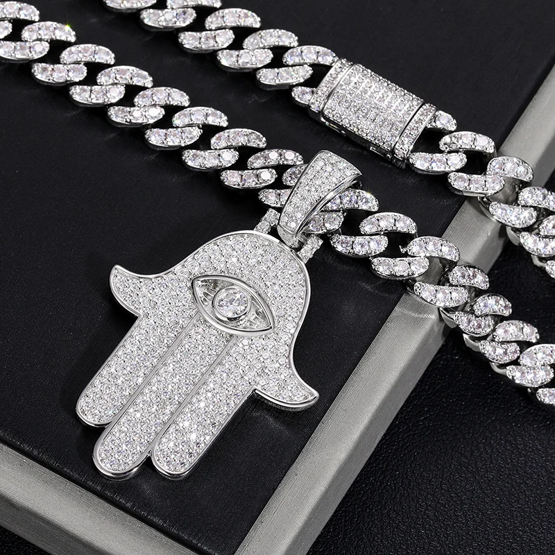 D VVS Moissanite Hamsa Hand Evil Eye Pendant Necklace For Women