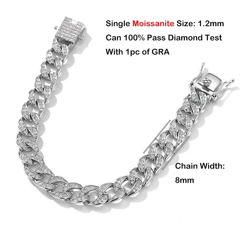 Full 1.2mm D Color Moissanite Cuban Link Bracelet Men Women Unisex S925 Silver Pass Diamond Test 8mm Wrist Bracelets EWYA moissanite silver bracelet