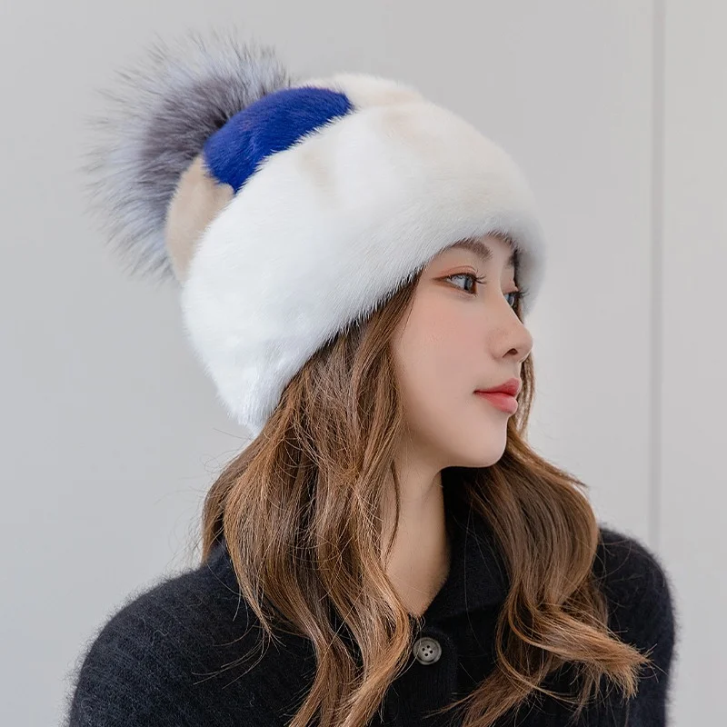 

Winter Luxury Thermal Fur Hat Women's Premium Mink Fur Hat Fox Fur Ball Decorative Cold Fashion Ear Protection Hat