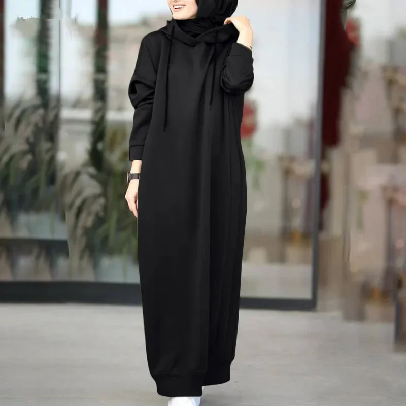 Muslim Long Sleeve Hoodie Dress Solid Color Casual Loose Pocket Long Robe Maxi Female Fashion Long Sweatshirt Vestidos