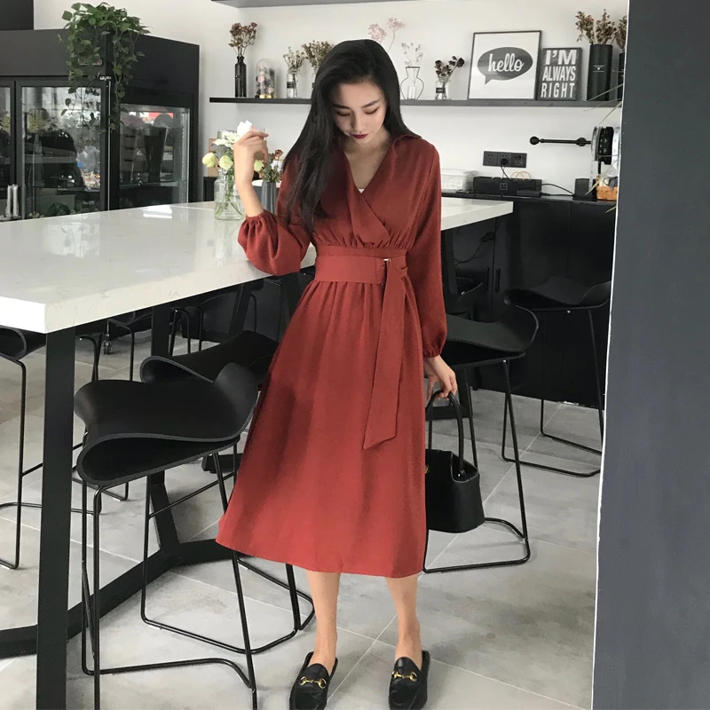 

Vintage Dress with Waistband V Neck Slim Long Sleeve Skirt Sexy Maxi Dresses for Women Vestidos De Mujer Spring Summer Y2k Full