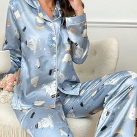 Women's Color-Blocked Floral Print Pajama Set Satin Long Sleeve And Pant For Comfortable Sleep Soft Loungewear And Sleepwear Pjs - Image 3
