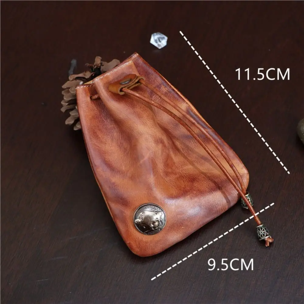 Coin Purse Coin Wallet Upper Leather Coin Purse Pouch Simple Retro Solid Color Car Key Bag Drawstring Wallets Men