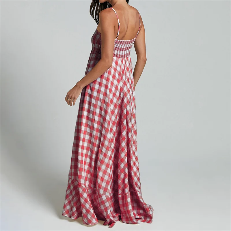 Summer Long Dresses Women Plaid Print Spaghetti Strap Sleeveless A Line Dresss Vacation Party Dresses Beachwear