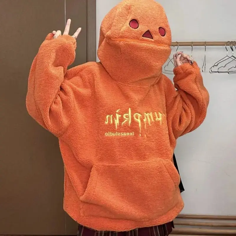 Hoodie Womens Harajuku Kawaii Clothing Pumpkin Pattern Orange Hooded Sweatshirt New Casual Gothic Street Clothing Large Top