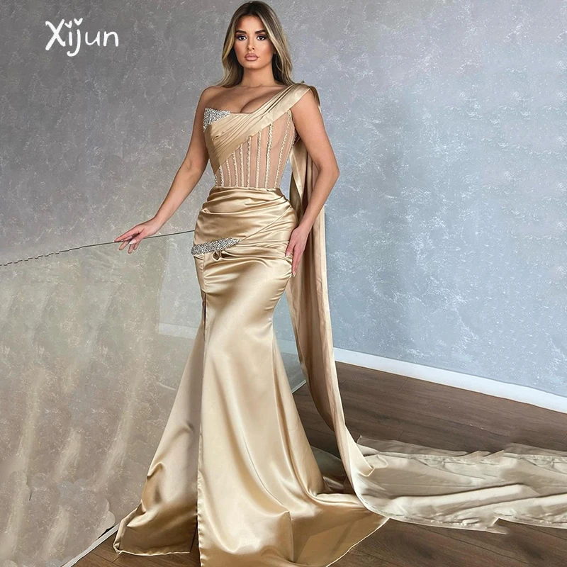 

Xijun Arabic Champagne Mermaid Evening Gowns One Shoulder Beading Illusion Party Dresses Sleeveless Saudi Prom Gown With Shawl