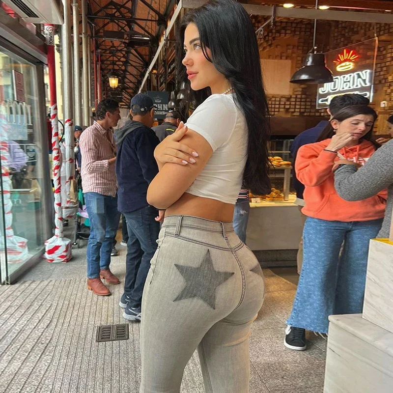 Streetwear Stitched Jeans Vintage Printing Casual Low Rise Flared Jeans Streetwear Women Slim Denim Solid New Trousers TYFS53