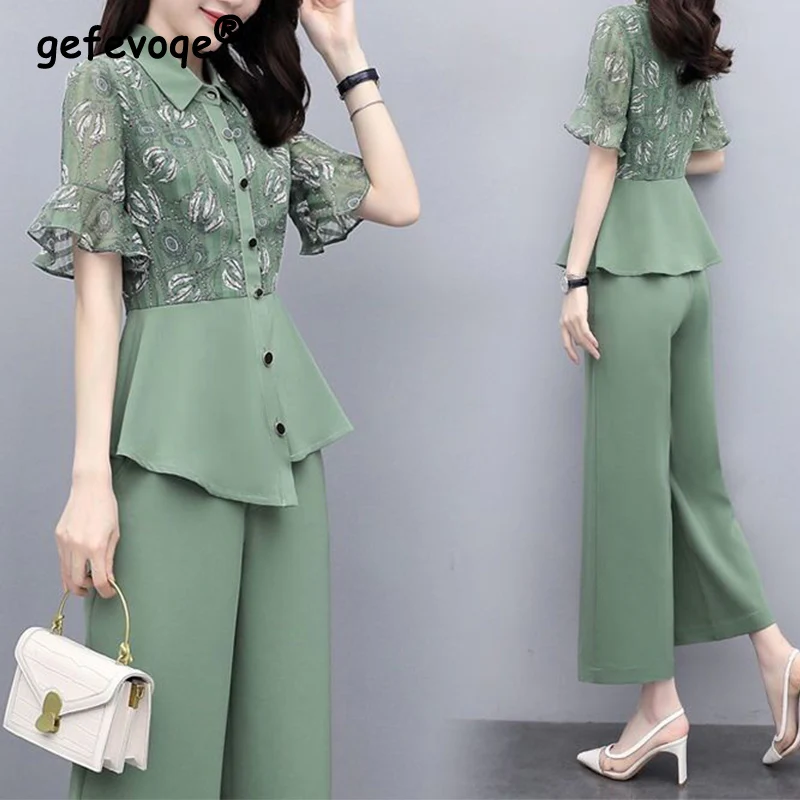 

Elegant Fashion Button Printed Pant Sets Summer 2023 Polo-Neck Short Sleeve Tunic Top Elastic Waist Long Pants Slim Women's Sets
