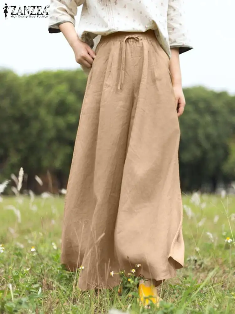 

2023 ZANZEA Women Vintage Summer Casual Loose Pants Elastic Waist Solid Long Pantalon Cotton Wide Leg Trousers Baggy Palazzo