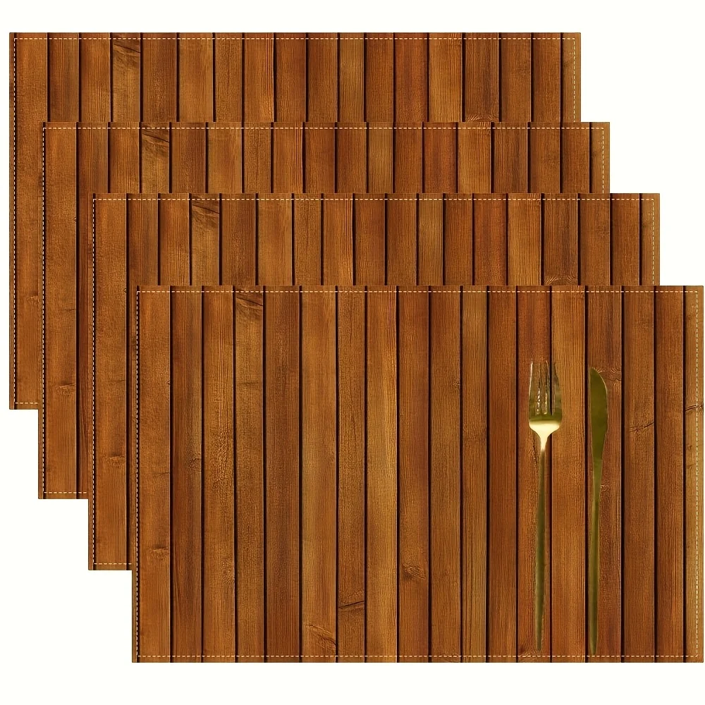 4개의 나무결 플레이스매트 세트, 4개의 린넨 소재의 소박한 테이블 매트, 미끄럼 방지, 내열성, 주방 및 식당 장