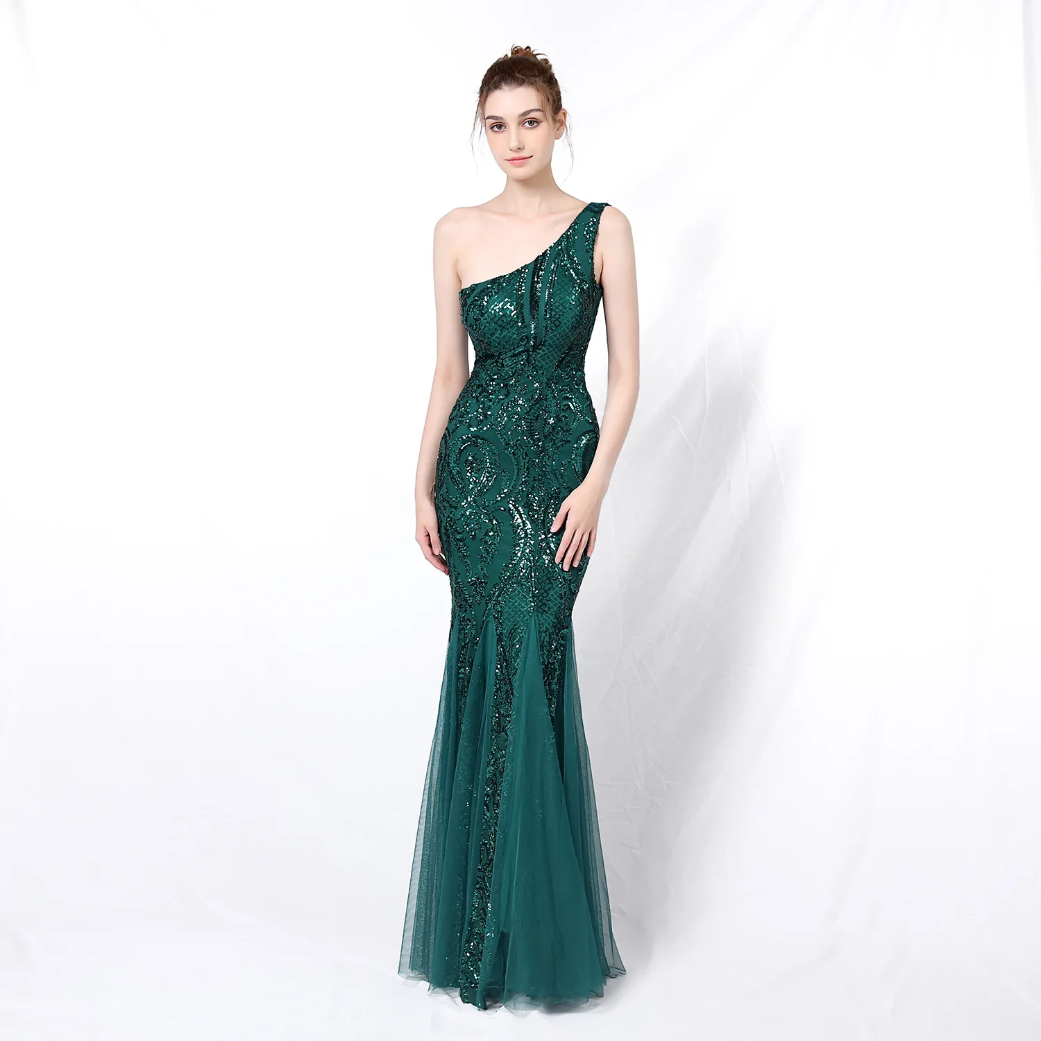 

Luxury One Shoulder Maxi Dresses Sleeveless Sequin Patchwork Mesh Evening Party Cocktail Long Dress Night Prom Clothes For Woman