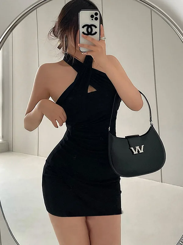Pure Spicy Girl Style Sexy Stretto Slim Fold Cross Hanging Neck Slim Hip Tank Mini Dress Short Fashion Women Top 2023 New Ox31