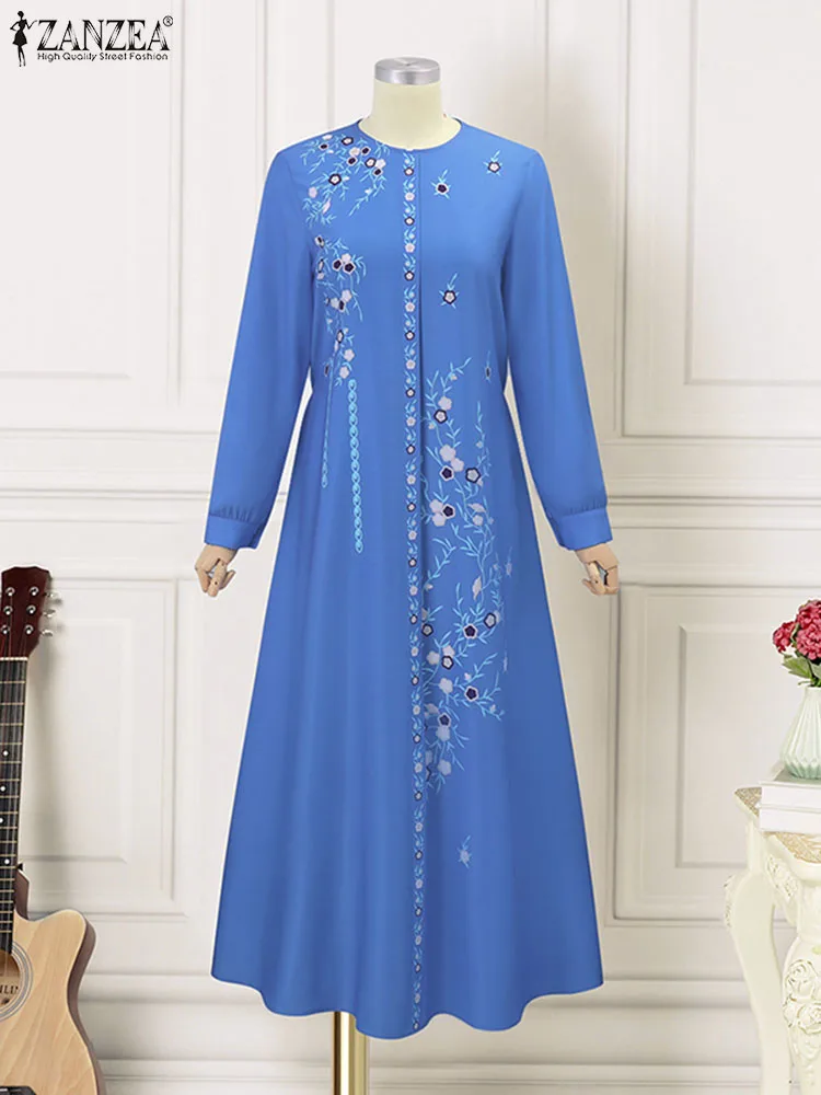 Elegant Muslim Maxi Dress ZANZEA Ramadan Abaya Robe Women Long Sleeve Floral Print Sundress Bohemain Vestido IsIamic Clothing