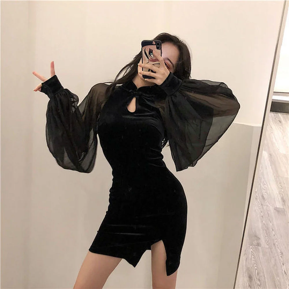 Women Wedding Evening Dress Retro Sexy Slim Mini Gothic Vintage Qipao Party Club Bodycon Mesh Long Sleeve Cheongsam Velvet Black