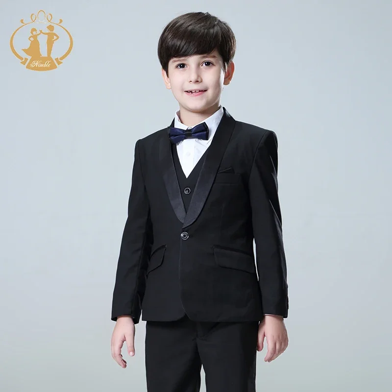 Spring Autumn Formal Boys Suits Weddings Children Party Host Costume Black Blazer Vest Pants Clothing