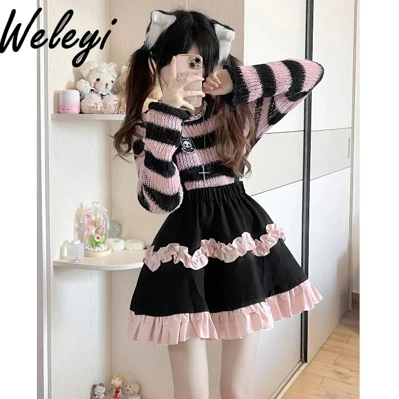 Japanese Kawaii Girls' Bow Suspender Short Skirt 2024 Spring and Autumn Sweet Ruffle High Waist Strap Fluffy Skirts for Women