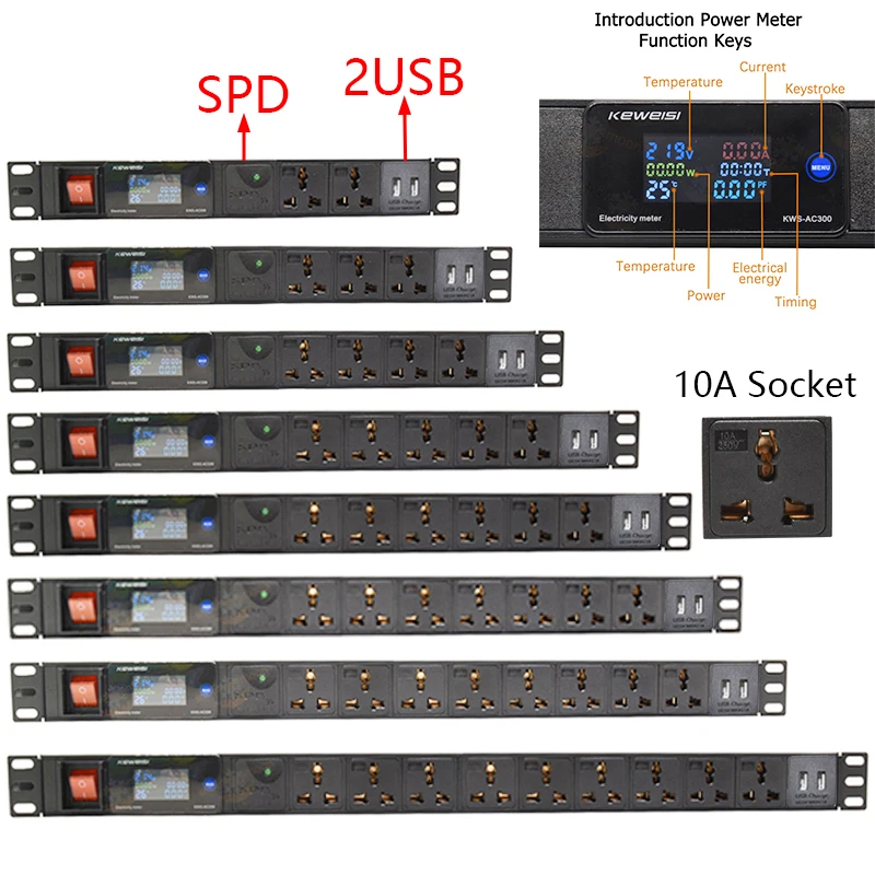 Power board digital voltage measuring instrument 2-7 socket network cabinet rack Power board socket surge protector with 2USB