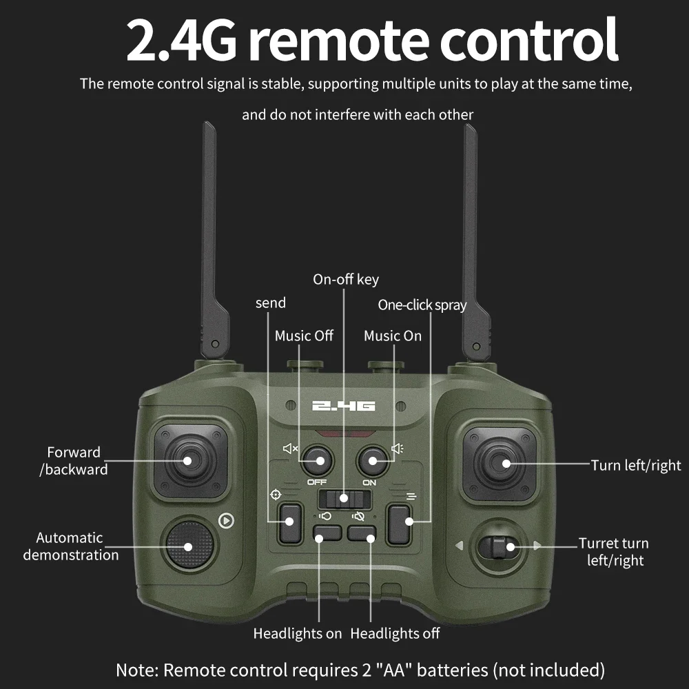 2.4G Simulation Tracked Remote Control Spray Tank, Multi-directional Walking, 360° Turret Multi-directional Rotation for Kids 4