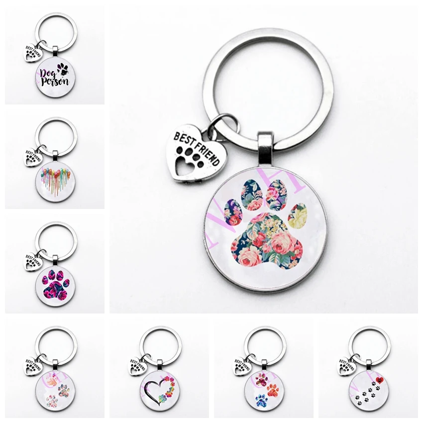 Popolare Gioielli Cupola Vetro In Lega Di Zinco Portachiavi Pet Dog And Cat Paw Print Dipinti Regali