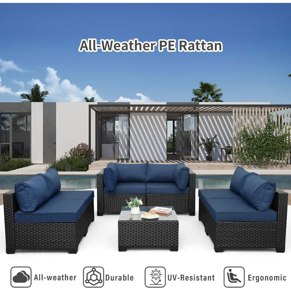 Outdoor PE Wicker Furniture Set, Patio Black Rattan Sectional Sofa Couch with Washable Navy Blue Cushions 3