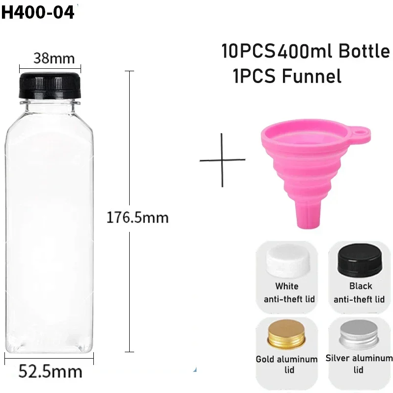 Set of 10 Reusable Clear Plastic Bottles with Funnel - 60ML to 500ML Capacity for Juices, Smoothies, and Milk