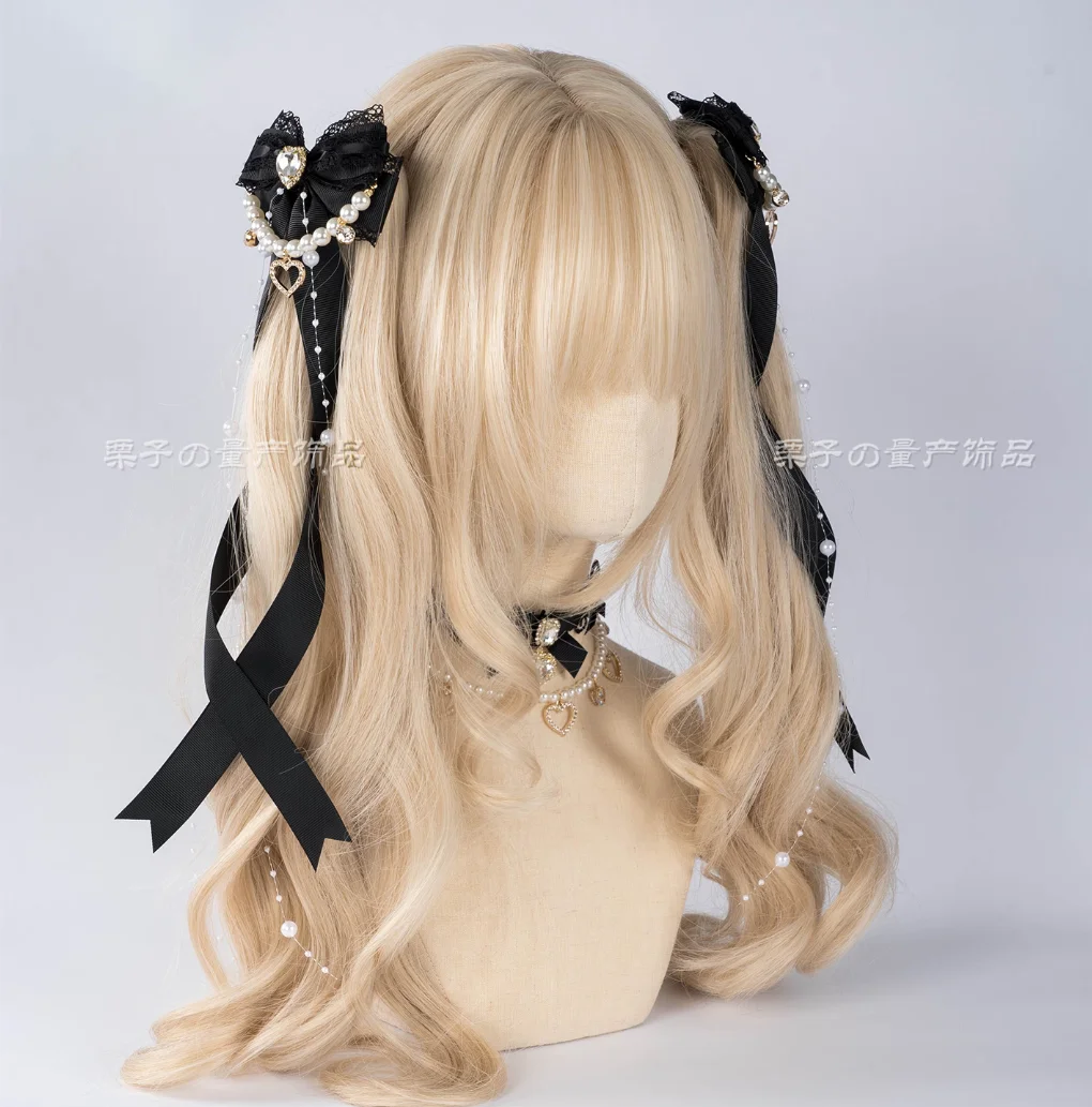 Lolita-Kopfschmuck, gekreuztes Band, Lolita-Haar-Accessoire, doppelter Pferdeschwanz, spirale Haarnadel, Perlenkette, Schleife, Lolita-Accessoires – Detail 8