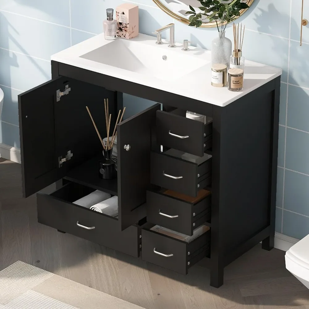 30inch Bathroom Vanity with Sink,Solid Wood Single Bathroom Cabinet,with Storage Doors and Drawer,Ceramic Sink,Easy Assmebly 5