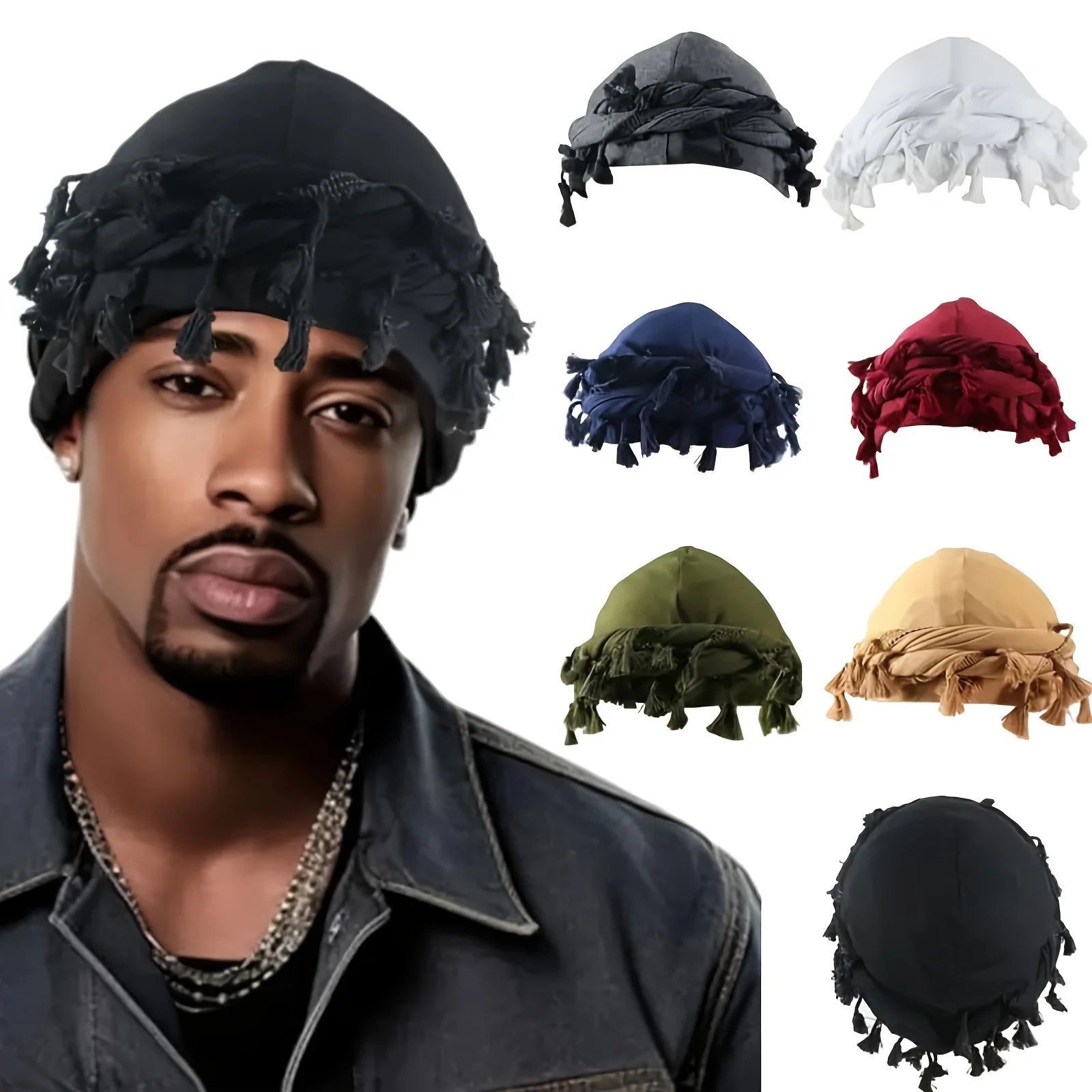 Pañuelo para la Cabeza Estilo Vintage con Borla para Hombre, Turbante Negro Gris, Pañuelo para Atar el Cabello para Niños