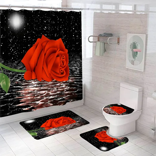 Rose Flower Shower Curtain Set Non-Slip Rugs Bath Mat Toilet Lid Cover and 12 Hooks Waterproof Polyester Bathroom Decor P-4pcs- Full Set