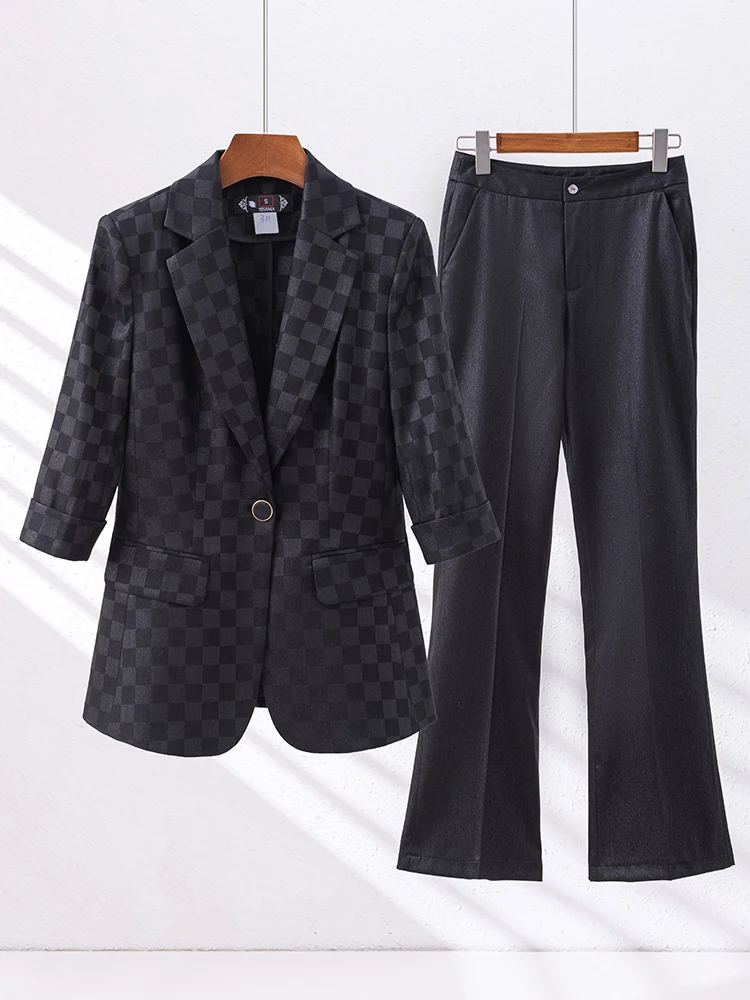 Spring Summer Blazer And Pant Suit Women Black Blue Apricot Plaid Female Business Work Wear Formal 2 Piece Set For Office Ladies