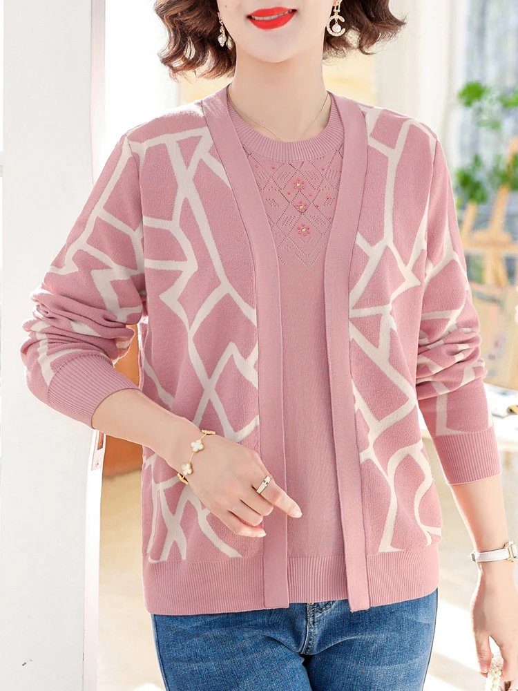 

Real Two Pieces Sets Sweater Women Autumn Spring Long Sleeve Sweater Set Print Cardigan High Quality Sweater For Women