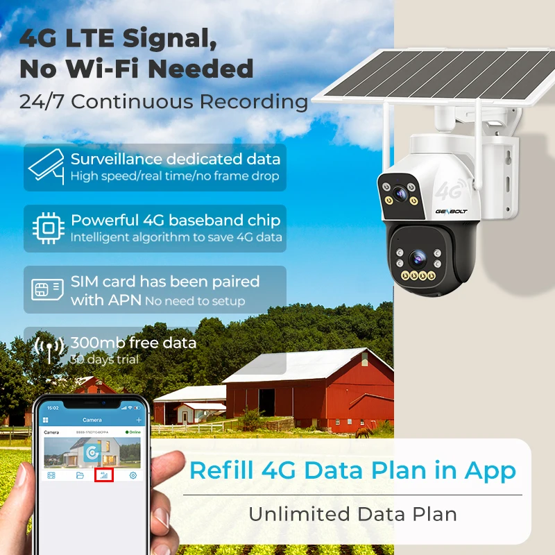 GENBOLT 4G Solar Security Camera No WiFi Outdoor, Dual Lens Spotlight Color Night Vision AOV 24/7 Recording, 8W 15600mAh HCCTV 2