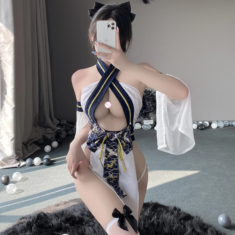 Japanese Traditional Kimono Dress Women Robe Lingerie Halter Open Chest Retro Lace Perspective Cheongsam Cosplay Uniform women lingerie women lingerie set women cosplay costume