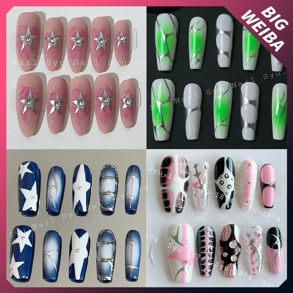 

Europe America Hand-Painted Gothic Wearable Five-Pointed Star Design Almond Press On Fake Nails Handmade Full Cover Y2K Nails