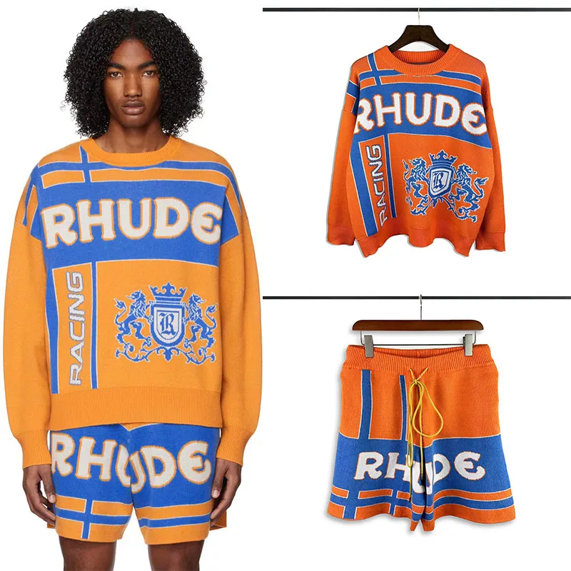 

RHUDE Sweater Set Letter Printed Drawstring Loose Sweater Shorts 1:1 Set