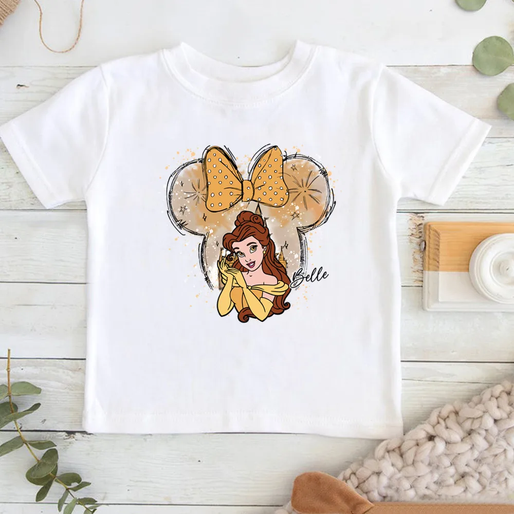 Cartoon Disney Princess Print T-shirts for Children Summer Cotton Short Sleeve Children Clothes Girl Tops 3
