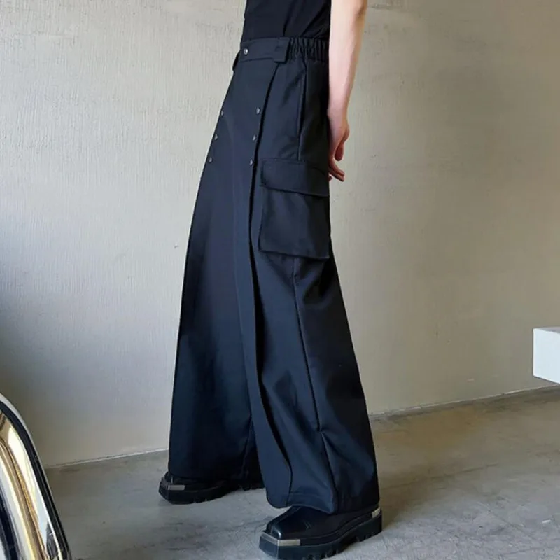Men's Casual Wide Leg Trousers Korean Style New High Waist Metal Piece Pocket Decoration Fashionable Pants Plus Size S-XL