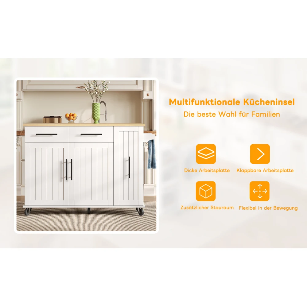 Kücheninsel mit Drop Leaf, Aufbewahrungswagen mit 3-stufig ausziehbarem Schrank-Organizer, internes Lagerregal, Rollwagen auf Rädern – Detail 7