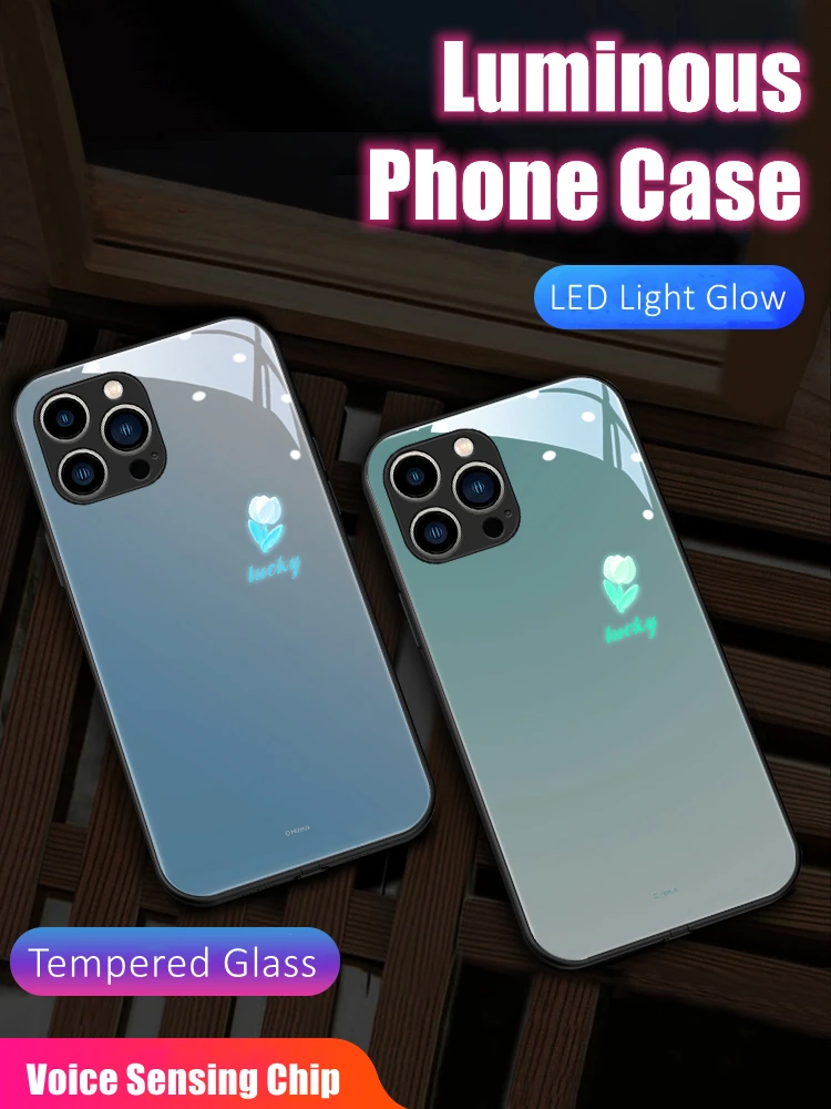 

Tulip LED Light Glowing Luminous Tempered Glass Back TPU Border Phone Case for Huawei P30 40 50 Mate 60 50 40 Nova 8 9 Pro Plus
