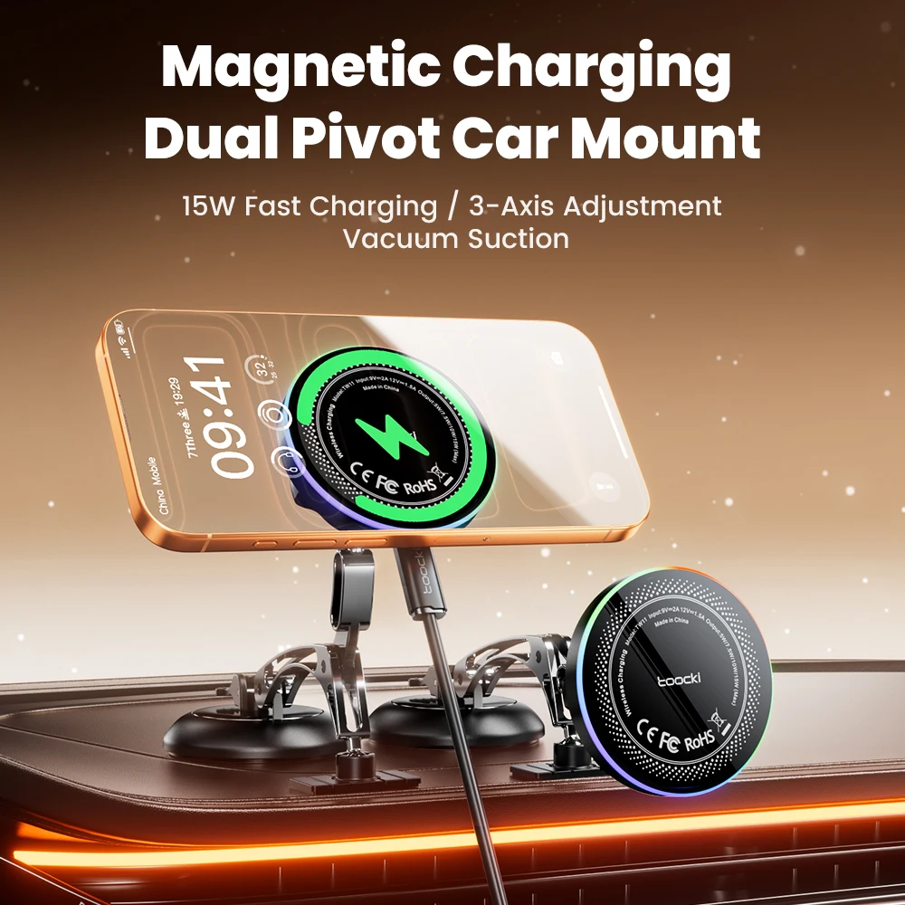 Toocki Magnetic Car Phone Holder 15W Wireless Charger Dual Pivot Mount Car Phone Stand for iPhone 17 16 15 Pro Max for Magsafe - Image 2