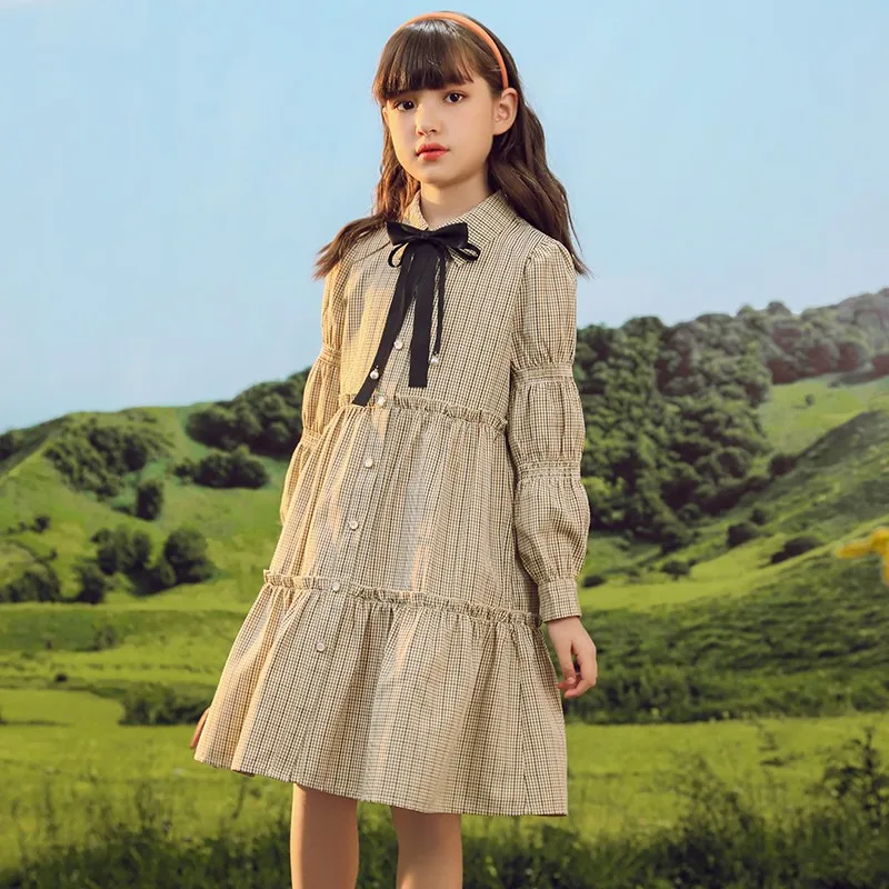 

2022 Spring Dress For Girls Fashion Plaid Print Long Sleeve Knee Length Gowns Children Teens Outdoor Activities Casual Dresses