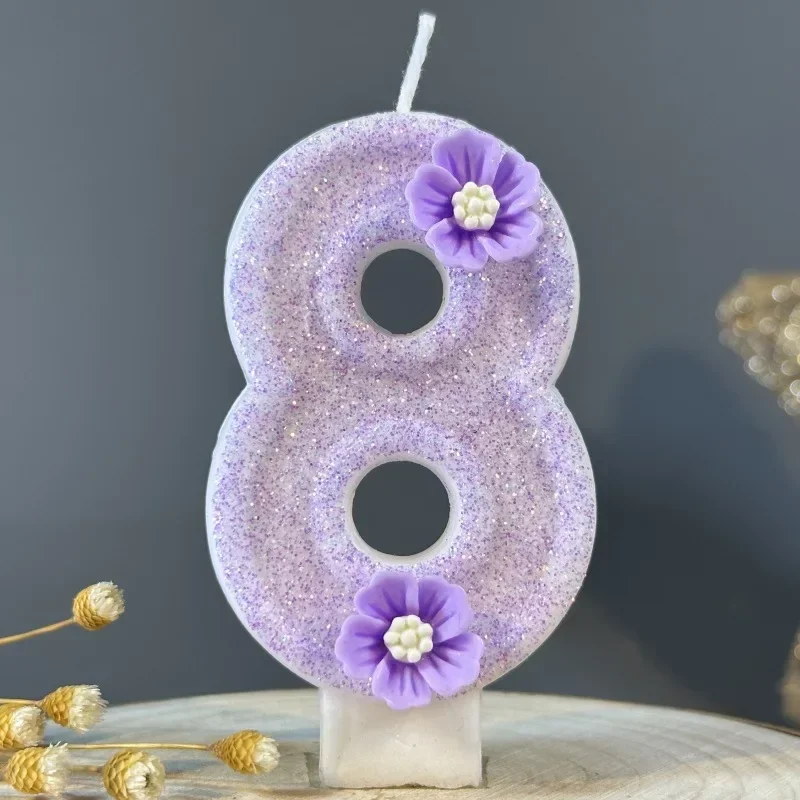 2025 New Cute Purple Flowers 3D Number Cake Candles for Birthday Party Decorations Birthday Decoration Cake Decorating Tools