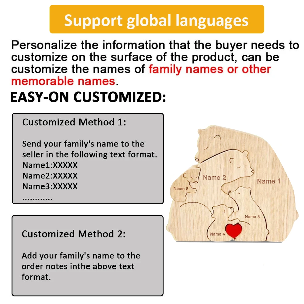 Custom Name Wooden Bear Family Ornaments Personalized Wood Carving Bear Puzzle Christmas Birthday Gift home decor action figure