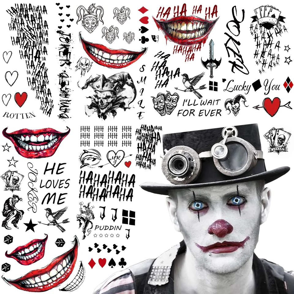 8 Feuilles De Tatouages Temporaires Clown/Joker - Grand Format Pour Halloween Et Cosplay - Faciles à Appliquer Et à Retirer