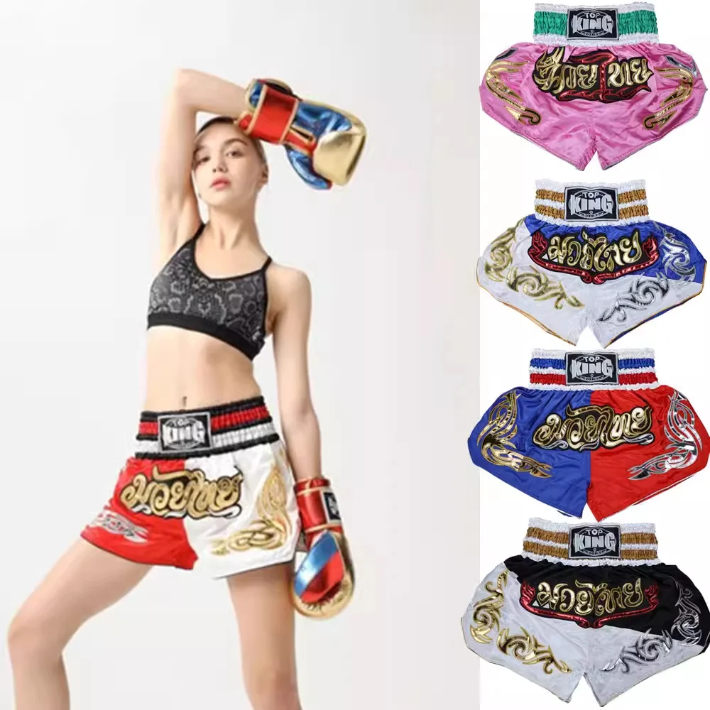 TOPKING Fight Tiger Muay Thai Shorts Adult Kids Breathable Embroidery Kick Boxing Trunks Men Women Grappling Sanda MMA Pants