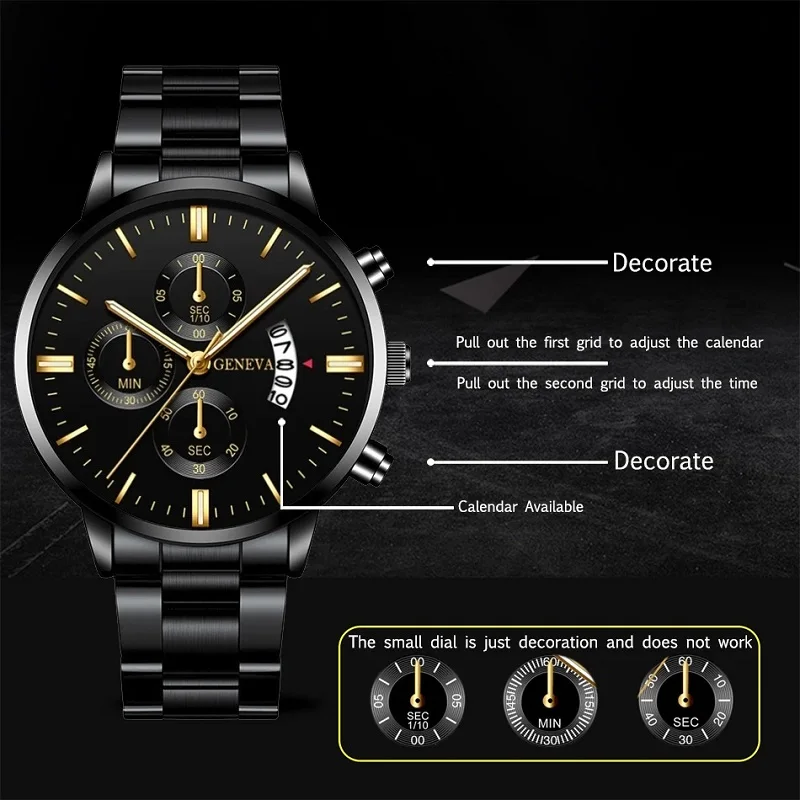 5pcs Necklace Bracelet Ring Mens Watches Set Fashion Luxury Men Stainless Steel Quartz Wrist Watch Man Business Casual Watch 2