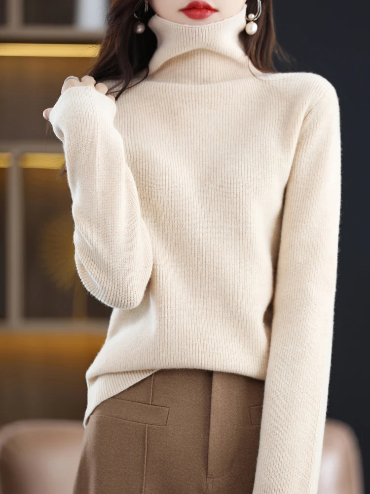 High-quality Autumn Winter Women Turtleneck Pullovers 100% Merino Wool Sweaters Thickened Warm Knitwear Jumper Women Clothes