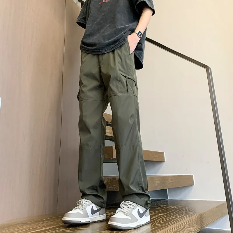 Men's Clothing Zipper Pockets Elastic High Waist Solid Color Casual Loose Cargo Straight Spring Autumn England Style Pants