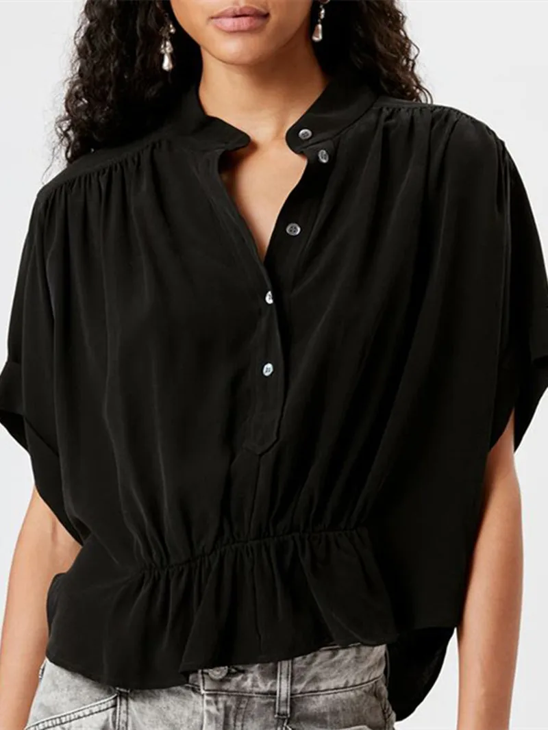 

Women's Slim Waist Ruffle Black Shirt 2023 Summer New Ladies Half Open Button Standing Collar Short-Sleeved Blouse