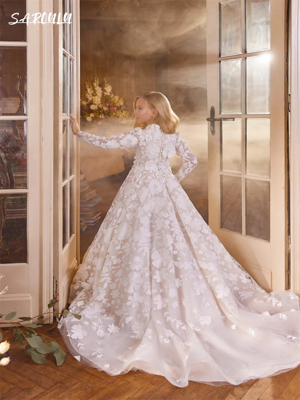 Graceful 3D Flower Long Sleeve Flower Dresses Romantic Floor-length Appliques Dress for Kids Elegant Vestidos De Novia